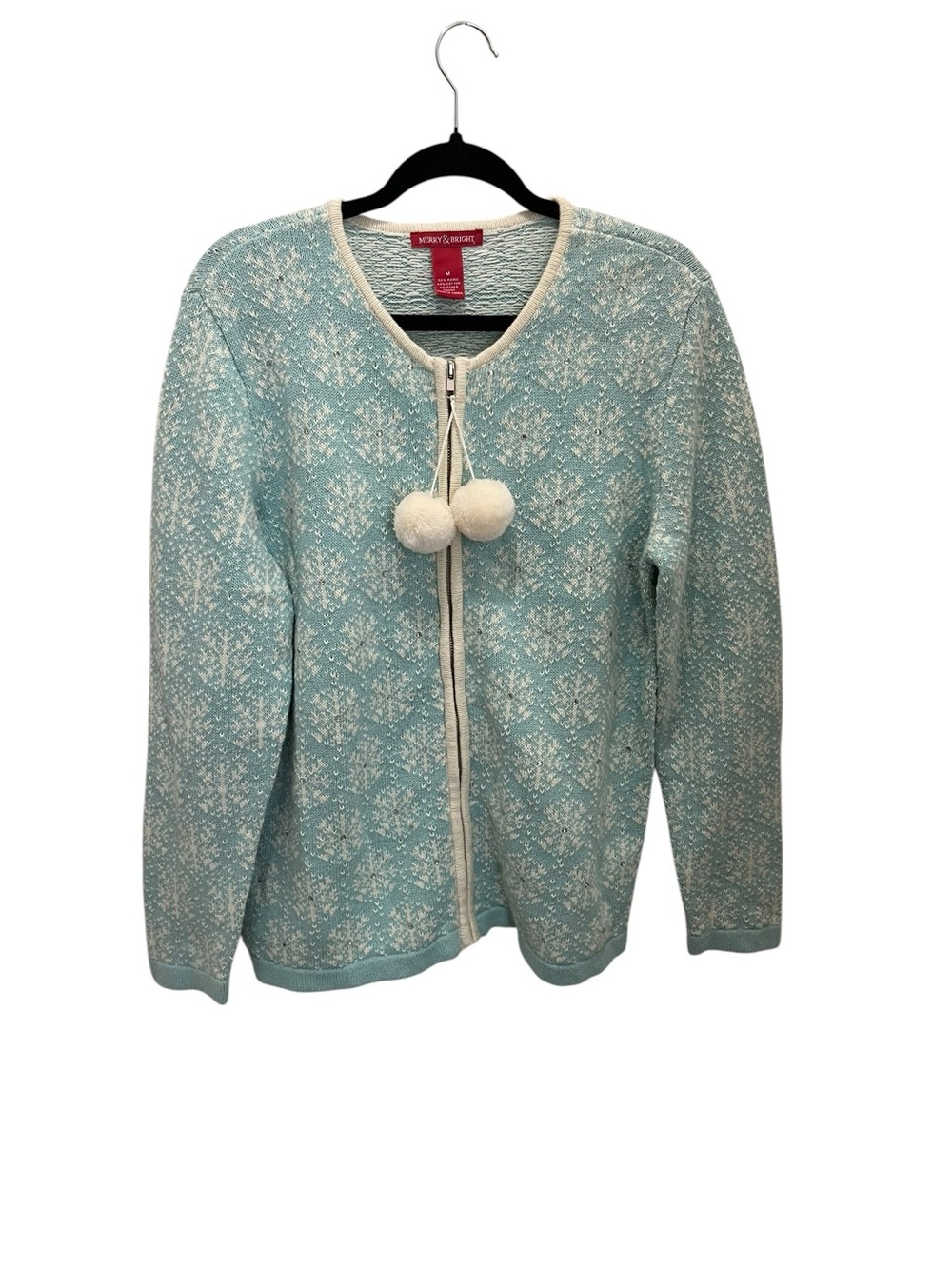 Merry & Bright Women's Pom-Trim Knit  Holiday Snowflake Xmas Sweater Jacket Sz M